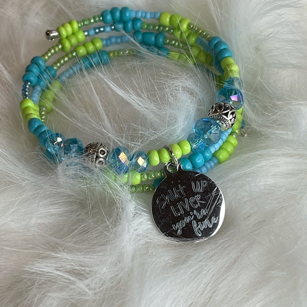Handmade blue green beaded wrap bracelet Shut‎ up liver , memory wire